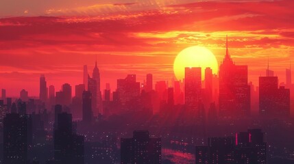 Fototapeta premium Fiery Sunset over Cityscape. Vibrant Urban Skyline at Dusk