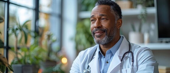 Experienced, compassionate doctor in white coat, smiling confidently in modern medical office, greenery background, professional healthcare provider.