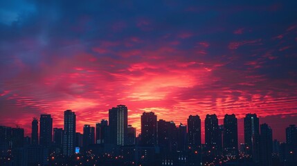 Fototapeta premium Vibrant pink and purple sunset over a modern cityscape silhouette. Urban skyline at dusk with dramatic sky.