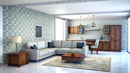 Modern luxury design and idea of living room interior and kitchen wall pattern background. 3d render
