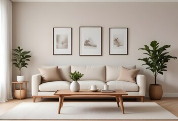 Naklejka premium Frame mockup, ISO A paper size. Bedroom poster mockup. Modern interior design. Living room Interior mockup with house background. 3D render