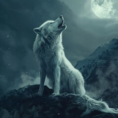 A lone gray wolf, silhouetted against a winter moon, lifts its head and howls into the vast arctic night