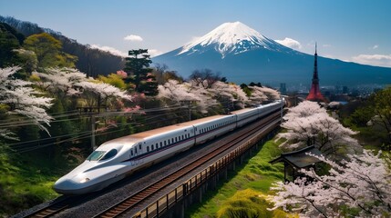 Fuji Mountain s Majestic Backdrop Framing Japan s High Speed Bullet Train and Cherry Blossoms
