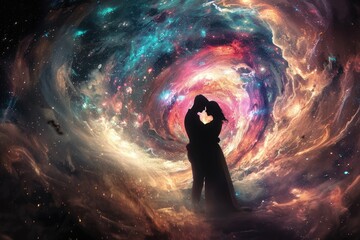 a couple kissing in front of a spiral galaxy, Two lovers embracing, their silhouettes forming a heart shape, superimposed on a colorful sunset