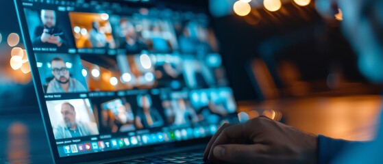 photorealistic, slow motion capture, studio shot, minimalist, wide angle lens, Colleagues of diverse ethnic backgrounds are engaged in an online conference meeting.