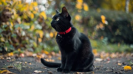 A garden setting where a black cat with a red collar is seated on the ground