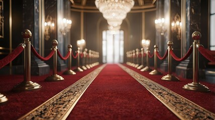 Fototapeta premium A red carpet with gold accents is set up in a dark room 