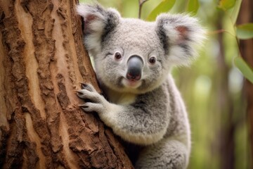 Obraz premium a koala bear is climbing a tree, fluffy koala clinging to a eucalyptus tree