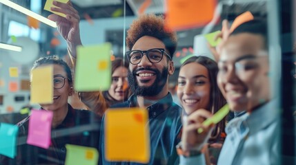 A diverse team of professionals joyfully collaborates using sticky notes on a glass wall in a vibrant, modern office. AIG41
