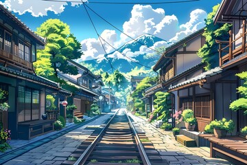 town with tracks in anime style on a sunny day