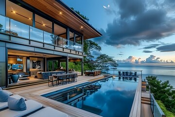 Fototapeta premium Luxurious Coastal Home with Panoramic Ocean Views and Spacious Deck