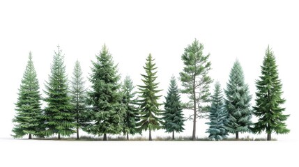 A Row of Evergreen Trees Against a White Background