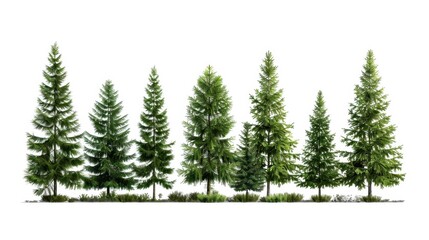 Fototapeta premium Row of Evergreen Trees Against a White Background