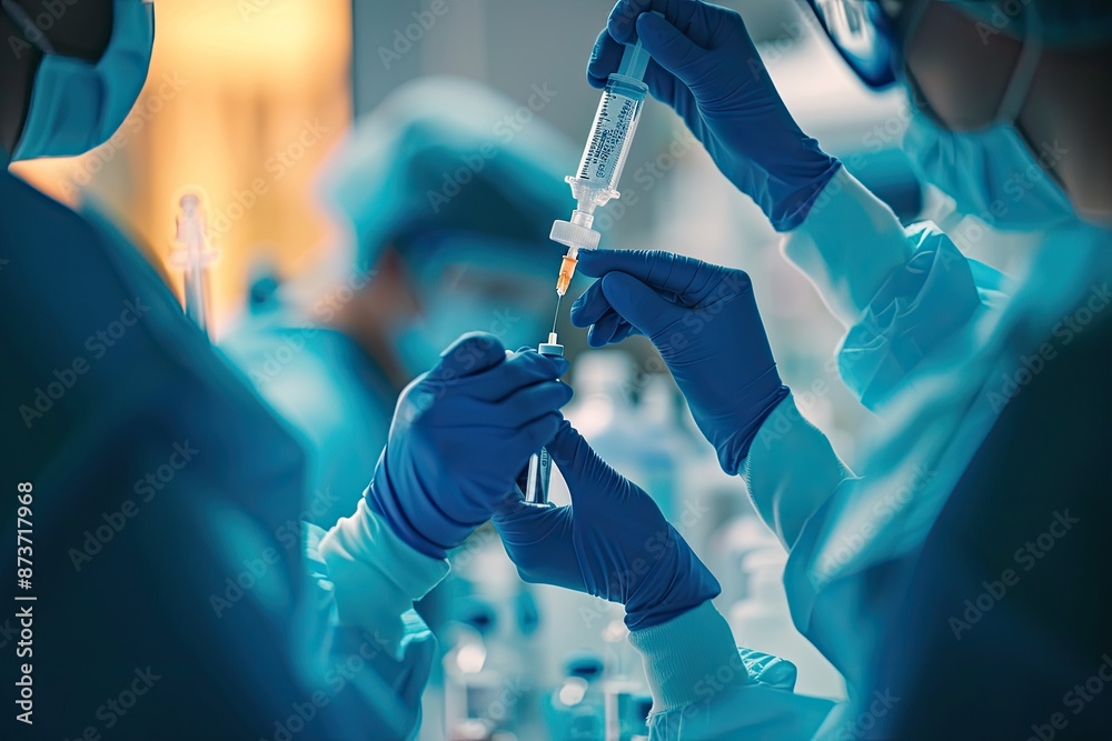 Poster a group of people in lab coats and masks, diverse group of professionals working together in an offi