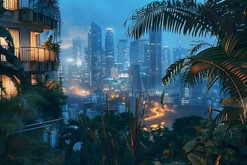 Obraz premium Mesmerizing Cityscape at Dusk with Glowing Skyscrapers and Lush Tropical Foliage