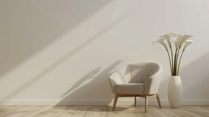 A luxurious chair with a vase of white calla lilies sits in a modern and minimalist Scandinavian living room with a blank mock-up wall.