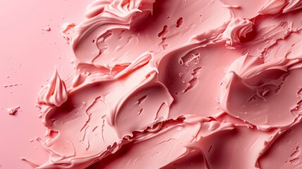 Obraz premium Professional top view of pink peach cream smears on pink background, studio lighting, isolated, with space for text