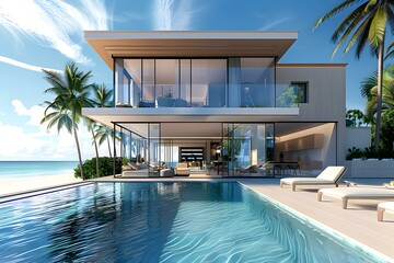 modern two story beach house with pool, 3d render, blue water, interior design, large windows and sliding doors, modern architecture, tropical setting, palm trees in background