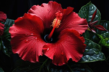 a red flower with water droplets on it, exotic hibiscus, its crimson bloom a striking contrast to the deep green foliage that cradles it