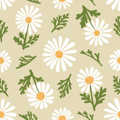 Chamomile seamless pattern. Hand drawn white daisy flowers and green leaves scattered on beige background. Cute summer floral wallpaper. Cute raster allover illustration