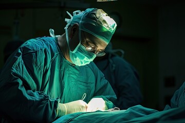 a group of surgeons performing surgery in a dark room, surgeon performing a complex operation, showcasing the precision and skill required in the medical field
