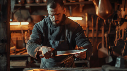 Artistic depiction of a swordsmith crafting a blade in a traditional forge, sparks flying from hammer blows on glowing metal, highlighting the ancient craft of sword making