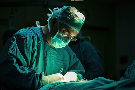 a group of surgeons performing surgery in a dark room, surgeon performing a complex operation, showcasing the precision and skill required in the medical field