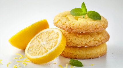 Delicious homemade lemon cookies presented on a clean white background, showcasing their golden-brown color and citrusy aroma, perfect for a sweet treat or snack.