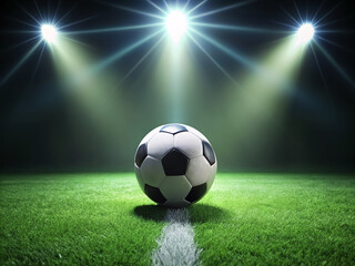 Naklejka premium A solitary soccer ball rests on a lush green stadium field, illuminated by bright lights, casting long shadows, in a dramatic and deserted nighttime setting.