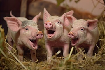 three little pigs are standing in hay and laughing, trio of giggling piglets engages in playful antics, creating a heartwarming farmyard tableau