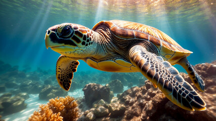 Fototapeta premium sea turtle gracefully gliding through vibrant coral formations in a crystal-clear ocean. The sunlight filters through the water