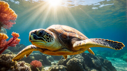 Fototapeta premium sea turtle gracefully gliding through vibrant coral formations in a crystal-clear ocean. The sunlight filters through the water