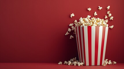 Popcorn in the red and white box on crimson background