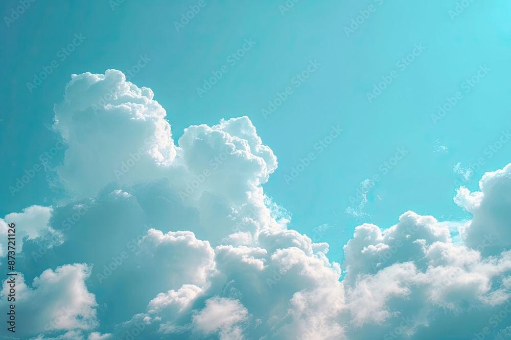 Poster a sky with clouds and a plane, fluffy clouds floating across a blue sky, resembling cotton candy and