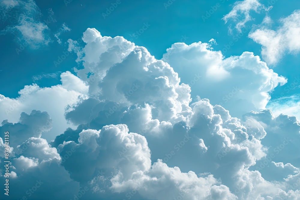 Poster a sky with clouds and a plane, fluffy clouds floating across a blue sky, resembling cotton candy and