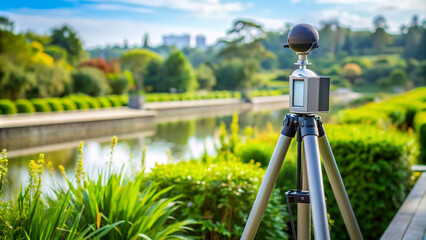 A professional sound level meter is carefully set on a tripod in a natural outdoor environment to monitor and measure noise pollution levels accurately.