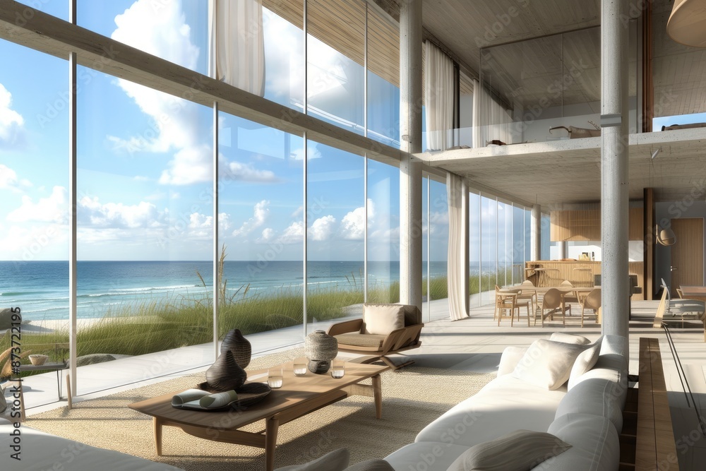 Poster a living room with a large window overlooking the ocean, modern beach house with large windows and o