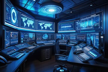 a room with multiple computers and a large screen, high-tech control room with advanced monitoring screens