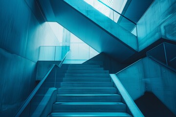 Obraz premium Modern staircase bathed in blue light. Sleek, angular architecture with glass and concrete. Minimalist design creates an otherworldly atmosphere.