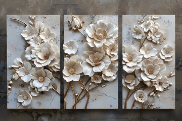 Elegant Floral Relief 3D Flower wall Art with Gold Accents on Marble Background. 3D floral marble background. 3D Flower wall tiles design in white background, 3D illustration