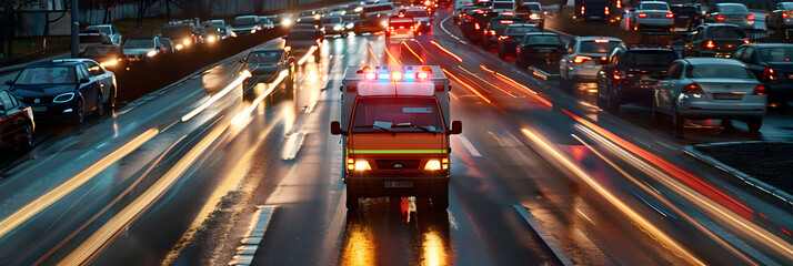 emergency car an ambulance rushing down a road full of cars