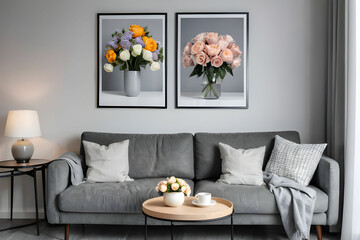 Flowers on table next to grey settee with pillows in apartment interior with poster and lamps.