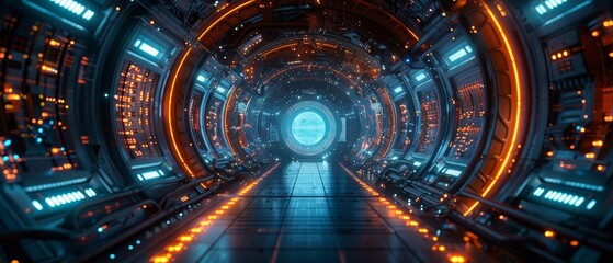 Obraz premium Futuristic spaceship corridor with glowing lights and advanced technology, leading to an unknown destination.