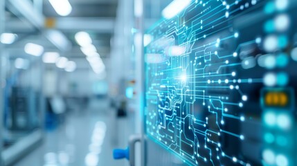 Futuristic technology interface in modern data center, showcasing advanced circuits and network connections with a blurred background.