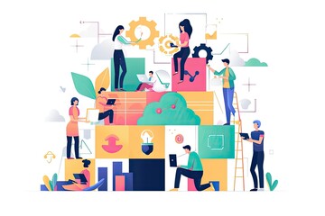 a group of people working on a puzzle, Team assembling a complex product