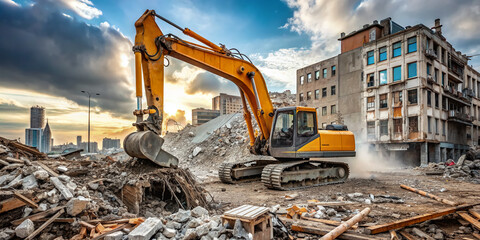 A massive crawler excavator digs and lifts debris amidst a cloud of dust on a demolition construction site with buildings and machinery in the background.