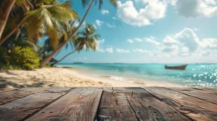 Wooden Tabletop with Tropical Beach Background.