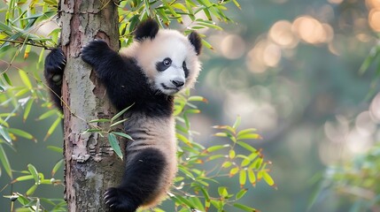 Obraz premium young panda climbing a tree under the supervision of his mother in a park