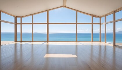 Beautiful home interior space with black living room wooden floor with ocean seaside blue sky sea sand beach summer freshness travel season window. Generative AI