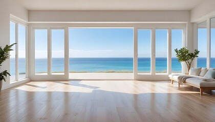 Fototapeta premium Beautiful home interior space with black living room wooden floor with ocean seaside blue sky sea sand beach summer freshness travel season window. Generative AI